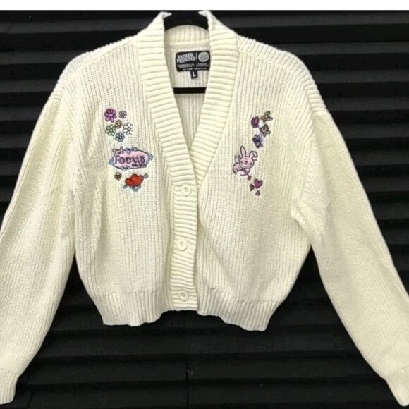 Jim Benton Broken Promises It's Happy Bunny “Let’s Focus On Me” Crop Cardigan L - Picture 1 of 13